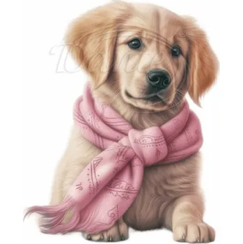 Textilní nažehlovací páska Dante Nažehlovačka Zlatý retrívr štěně růžová šála - 5 x 6 cm