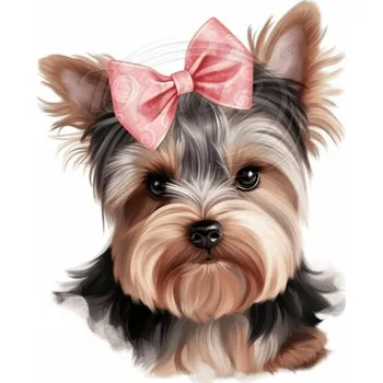 Textilní nažehlovací páska Dante Nažehlovačka Jorkšír s růžovou mašlí - 5 x 6 cm