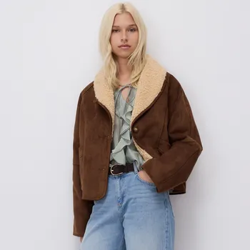 Dámský kabát Reserved - Krátká bunda z imitace ovčí kůže - hnědá - YM947-88X - YM947-88X-M