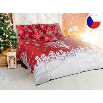 Povlečení Vánoční povlečení saténové 70x90, 140x200 GEON Zasněžené město červené II.