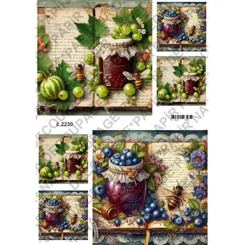 Umělecký papír Rýžový a soft papír na decoupage - Ovoce, zavařenina, vintage - KB2230 Materiál: Soft, Rozměr: A4