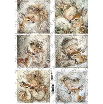 Umělecký papír Rýžový a soft papír na decoupage - Holčička s jelínkem zima - KB04248 Materiál: Soft, Rozměr: A4