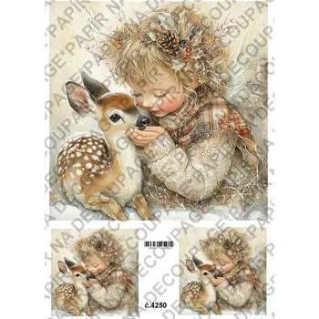 Umělecký papír Rýžový a soft papír na decoupage - Holčička s jelínkem zima - KB04250 Materiál: Rýžový papír, Rozměr: A4