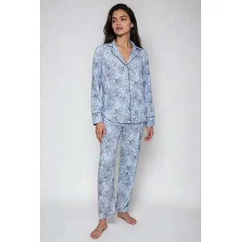 Dámské noční prádlo Klasické dámské pyžamo Boyfriend Fit modré s listy S