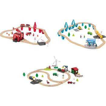 Vláček a vláčkodráha lupilu® Dřevěná železnice Hasiči / Osobní vlak / Život na statku