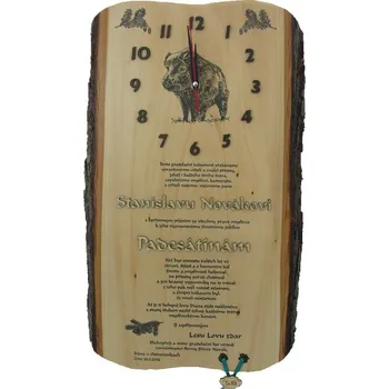 Hodiny Dřevo Novák Gratulace myslivec s hodinami č.748 na desce s kůrou 3D