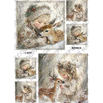 Umělecký papír Rýžový a soft papír na decoupage - Holčička s jelínkem zima - KB04247 Materiál: Soft, Rozměr: A4