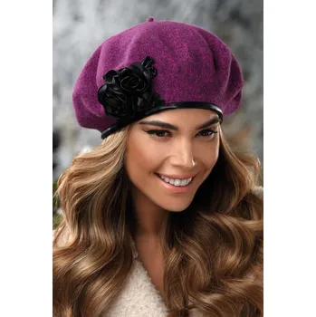Čepice KRUMLOVANKA Zimní dámský baret zdobený černým květem W-0693/440M fialový melange
