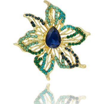 Brož Yvon Květinová brož se skleněnými krystaly v tónech moře