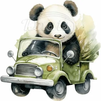 Textilní nažehlovací páska Dante Nažehlovačka Panda mládě v autě - 12 x 12 cm