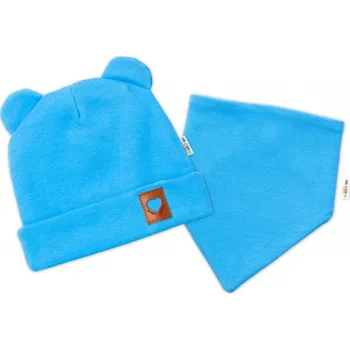 Čepice Baby Nellys Žebrovaná dvouvrstvá čepice s oušky + šátek TEDDY - modrá, vel. 92/98, Velikost koj. oblečení 92/98 (18-36m)