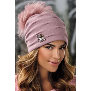 Čepice KRUMLOVANKA Starorůžová vlněná čepice s bambulí a s broučkem z bižuterie W-0597/540