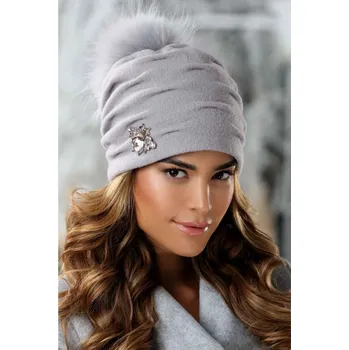 Čepice KRUMLOVANKA Šedá vlněná čepice s bambulí a s broučkem z bižuterie W-0597/529
