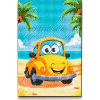 Diamantové malování Diamantové malování - Žluté auto na pláži Velikost: 20x30cm, Rámování: Pouze srolované plátno, Diamanty: Kulaté