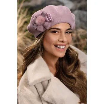 Čepice KRUMLOVANKA Starorůžový zimní dámský baret zdobený mašlí a srstěnou bambulkou W-0805