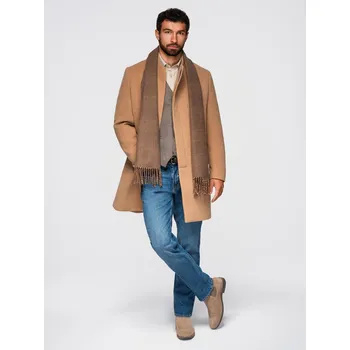 Pánský zimní kabát Pánský kabát s asymetrickým zapínáním a vysokým límcem - světle hnědý V4 OM-COWC-0141 - XXL