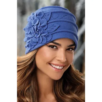 Čepice KRUMLOVANKA Modrá zimní dámská čepice s kvítky W-0698/1115