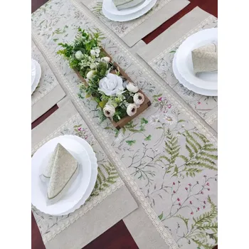ubrus Jídlení sada - luční kvítí na režné - 1 x běhoun + 6 prostírání