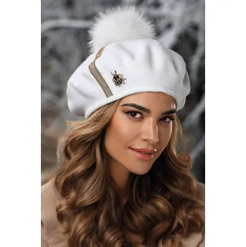 Čepice KRUMLOVANKA Zimní dámský vlněný baret s bambulí zdobený broučkem W-0672/000 bílý