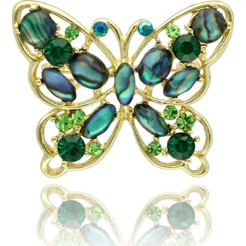 Brož Yvon Brož ve tvaru motýla s mušlí Abalone a zelenými krystaly