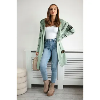 Dámský svetr Mátový dámský kardigan s nápisy a kapucí Velikost: ONE SIZE