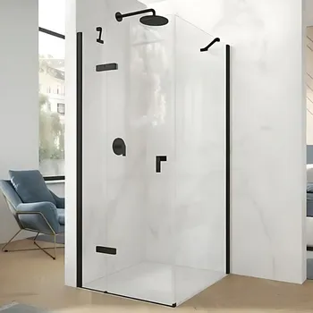 Hüppe Astra - Křídlové dveře s pevným segmentem 900x2000 mm pro 4-úhelník, upevnění vlevo, profil Black Edition, sklo čiré s Anti-Plaque PX0003.123.322