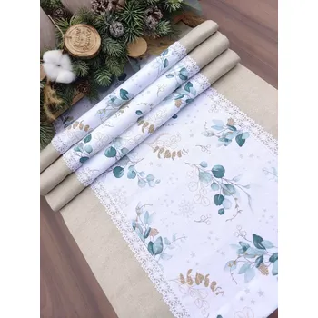 ubrus Běhoun - vánoční ubrus eukalyptus se stříbrnými vločkami | 42 x 132 (Rozměr: 42 x 132 cm)