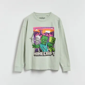 Dětská móda Reserved - Tričko Minecraft s&nbsp;dlouhými rukávy - bledá zelená - 540HG-07X - 540HG-07X-128