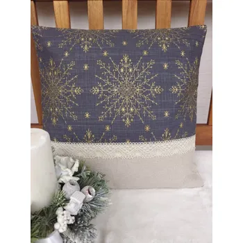 Povlak na dekorativní polštářek Vánoční povlak na polštář 40 x 40 cm – velké zlaté vločky na šedé v kombinaci s krajkou | Ruční výroba