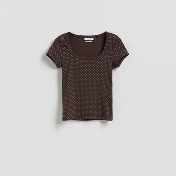 Dámské tričko Reserved - Bavlněné puntíkované tričko - tmavě hnědá - ZM919-89X - ZM919-89X-L