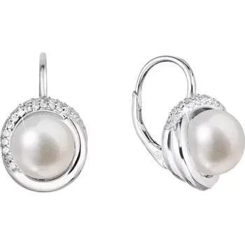 Náušnice Stříbrné náušnice visací s bílou říční perlou a zirkony kulaté 21075.1