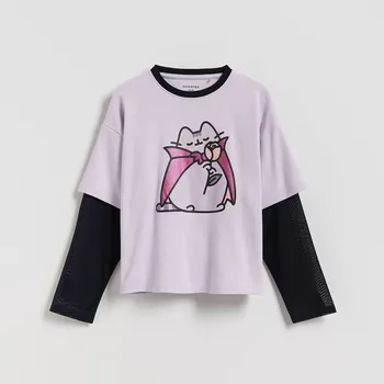 Dětská móda Reserved - Halenka z kombinovaných materiálů Pusheen - levandulová - 376FT-04X - 376FT-04X-164