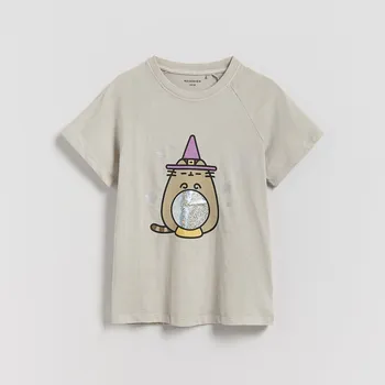 Dětská móda Reserved - Tričko s potiskem Pusheen - světle šedá - 470FT-09X - 470FT-09X-128