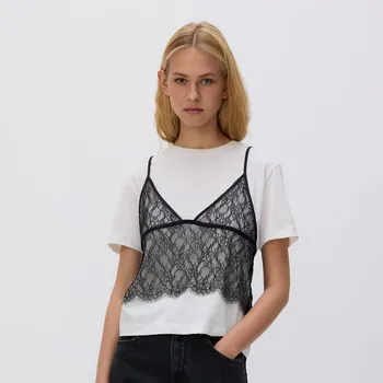 Reserved - Tričko s krajkovým topem - krémová - 486GA-01X - 486GA-01X-L