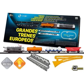 Vláček a vláčkodráha Pequetren nákladní vlak Arco Renfe s mostem, semaforem a nájezdem