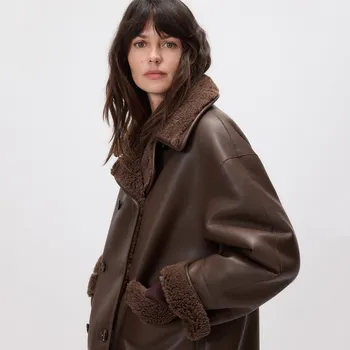 Reserved - Oboustranná bunda z imitace kůže - tmavě hnědá - 039HV-89X - 039HV-89X-S