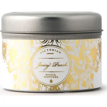 Svíčka VICTORIAN Sense Tinbox – vonná svíčka Juicy Peach broskev a jahoda do 12 hodin prům. 6 x 4,5 cm