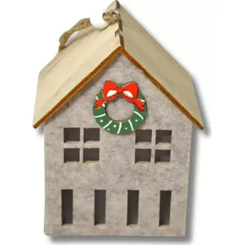 Vánoční dekorace Dekorace - Domek dřevo+plst závěs LED šedý 10cm