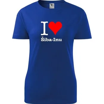 Dámské tričko Modré dámské tričko I love Šiba-Inu - dárek pro pejskařku - barva modrá - velikost XL
