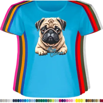 Dámské tričko damske-levne-bavlnene-tricko-digitalni-potisk-pes-mops-carlino Barva: Aqua - modrá, velikost: L
