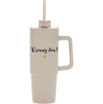KRÁSNÝ DEN - béžový cestovní termohrnek s průhledným víčkem 900 ml