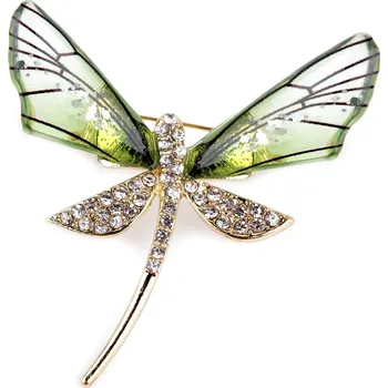 Náramek Brož s broušenými kamínky vážka, motýl, malé, 3 zelená sv. vážka