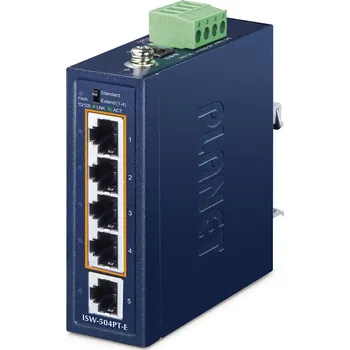 Switch Planet ISW-504PT-E průmyslový kompaktní switch, 1x10/100TX, 4x10/100TX PoE+ 802.3at 120W, -40~75°C, 48-55VDC , IP40