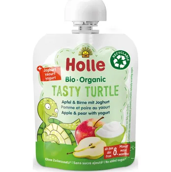 Dětská výživa Mus lahodný Želvička (jablko–hruška–jogurt) bez přidaného cukru Bio 85 g – Holle