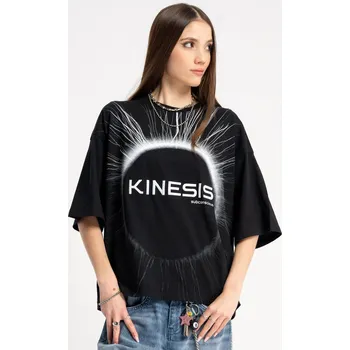 Dívčí tričko Reporter Young | Dívčí černé tričko BOXY s potiskem sluneční koróny a výšivkou „KINESIS“ - Barva ČERNÁ, Velikost 164 253-0440G-36-100-1