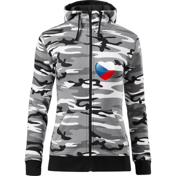 Dámská mikina Česká vlajka srdce - pravé prso - Dámská mikina trendy zipper s kapucí - L ( Šedý maskáč )