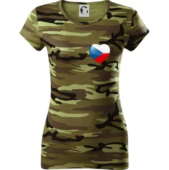 Dámské tričko Česká vlajka srdce - pravé prso - Dámské maskáčové triko - XS ( Zelený maskáč )