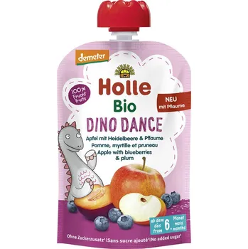 BIO ovocné pyré Tancující dinosaurus (jablko – borůvka – švestka) bez přidaného cukru bezlepkové 100 g – Holle