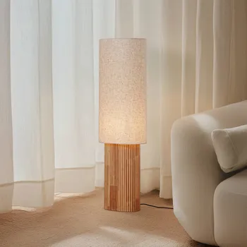 Lampička Lindby stojací lampa Kimiko, výška 100 cm, dřevo, textil, E27 - Noha – délka 22,5 cm, šířka 15 cm, výška 39 cm, délka kabelu 235 cm Světlé dřevo, béžová 1 x 15 W LED - Doprava zdarma
