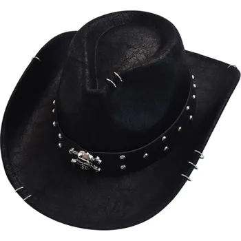 Klobouk Kovbojský klobouk z umělé kůže 56–58 cm Stylový westernový klobouk s páskem s kovovými cvoky a lebkou Kostýmové doplňky černá